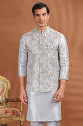 Light Grey Silk Embroidered Kurta Pajama with Jacket